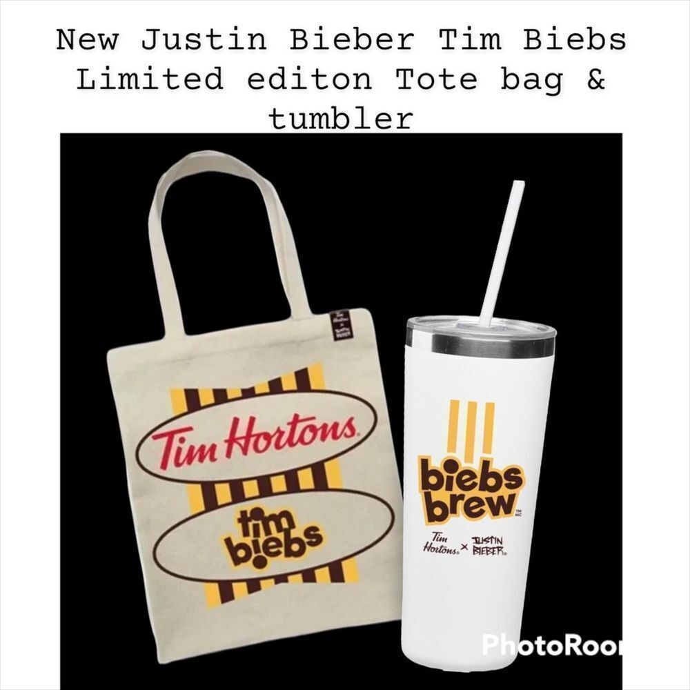 𝅺NEW limited edition Justin beiber Tim Hortons Tim biebs bag and tumbler​​